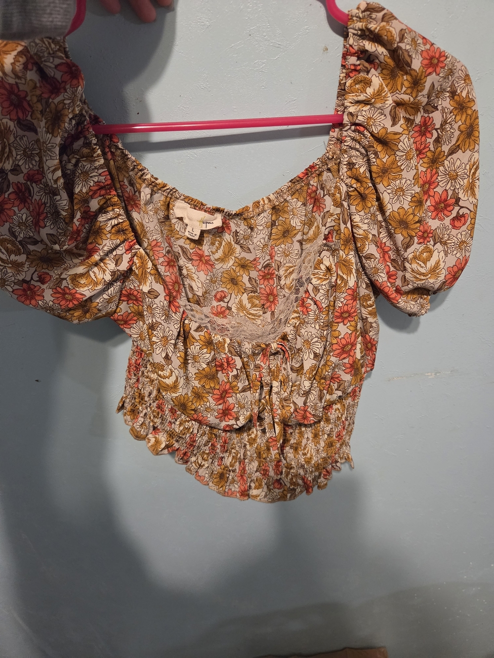 Floral Puff-Sleeve Crop Top - Cream, Mustard & Coral